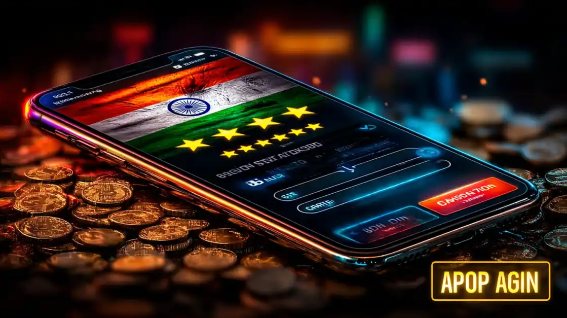 Smartphone displaying a gaming login interface with the Indian flag and gold star ratings, lying on a bed of golden coins.