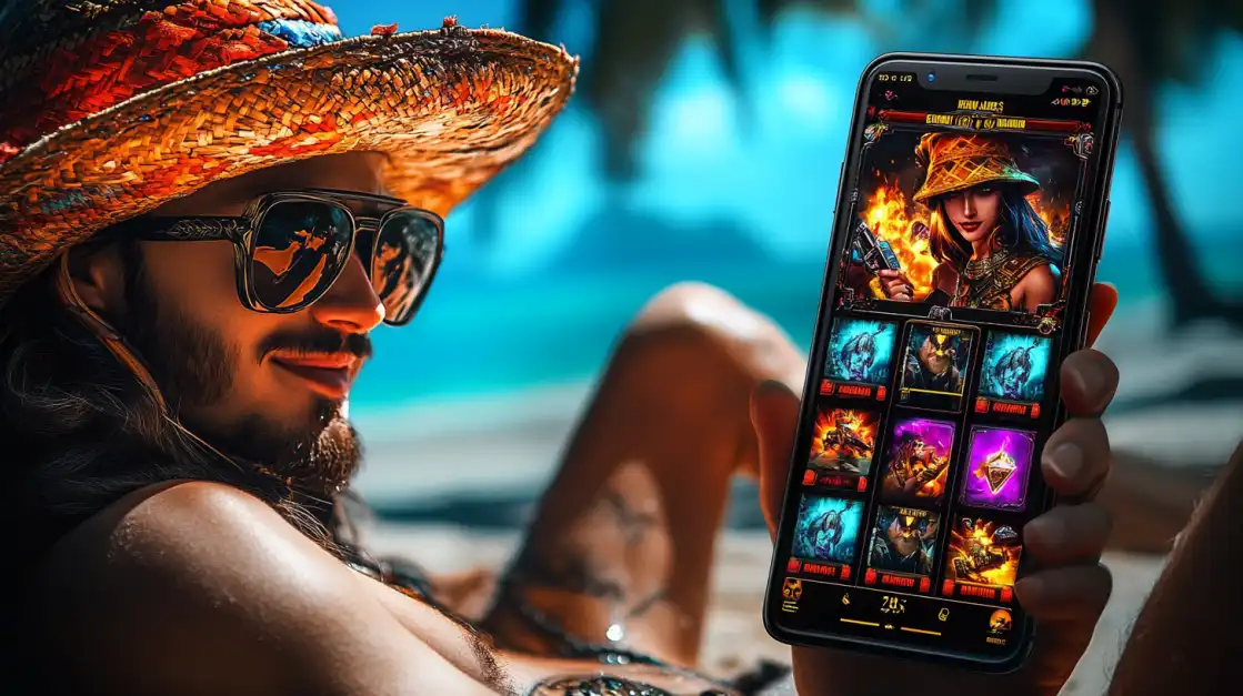 Stylish man wearing a straw hat and sunglasses relaxing on a tropical beach while holding a smartphone with a fiery slot game interface.
