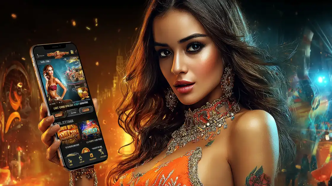 Gorgeous woman in an ornate orange dress with jewelry holding a smartphone displaying an online casino app, with a glowing fantasy background.