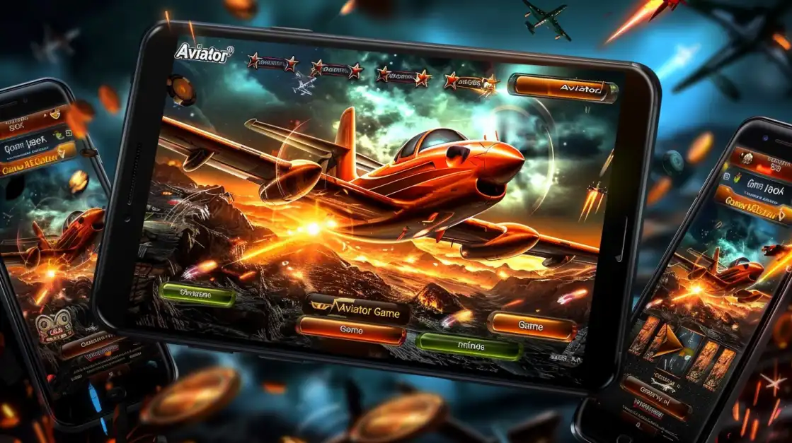 Close-up of a smartphone screen showing an Aviator game with a bright orange airplane flying toward the viewer, surrounded by coins and explosions.