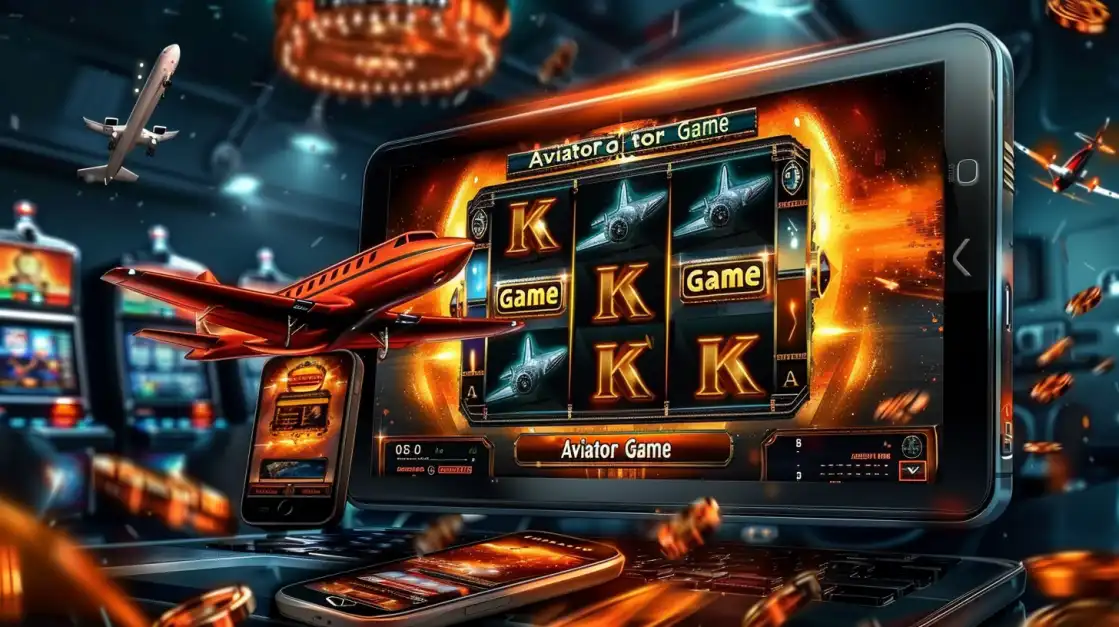 Digital slot game screen themed around airplanes displayed on a smartphone, with 3D planes flying out and glowing orange elements in a casino setting.