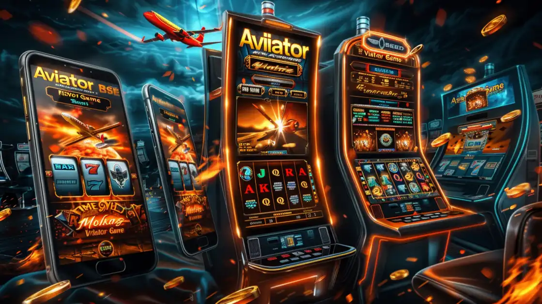 Row of illuminated Aviator-themed slot machines and mobile devices, featuring a red airplane design with coins flying through the dark casino environment.
