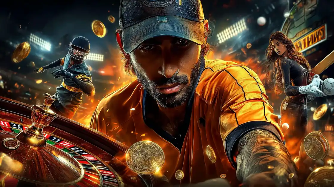 Intense scene with a bearded man in an orange cricket jersey at a roulette table, surrounded by golden coins, a cricket player, and a woman holding a bat under bright stadium lights.
