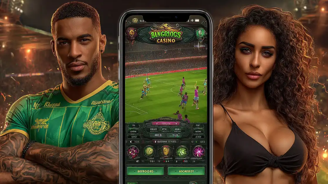 Athletic man in a green soccer jersey and glamorous woman in a black top posing beside a smartphone displaying a live soccer betting interface in a stadium setting.