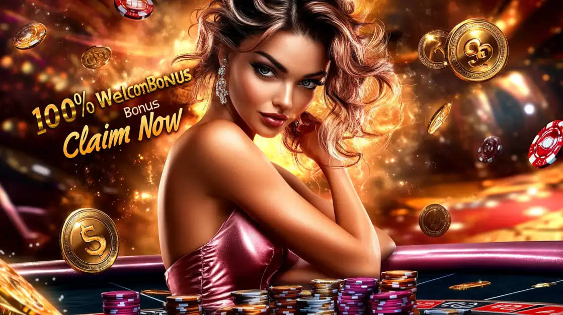 Glamorous woman in a satin pink dress leaning on a poker table with colorful chips, with floating gold coins and 100% Welcome Bonus text.