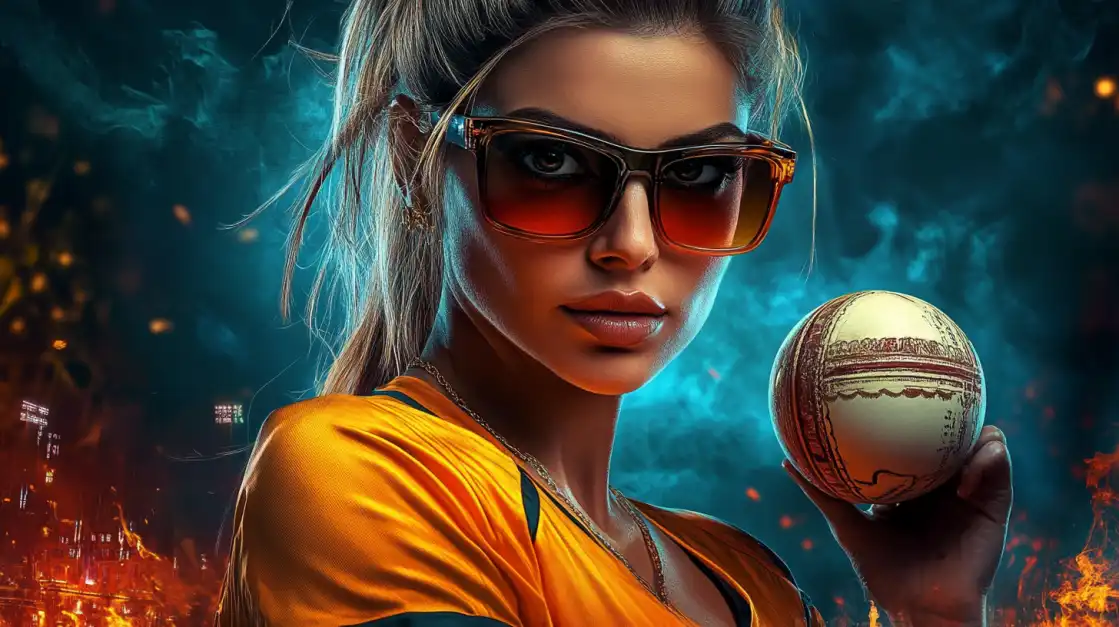 Attractive blonde woman wearing sports sunglasses and a yellow cricket jersey, holding a cricket ball in a dramatic stadium setting.