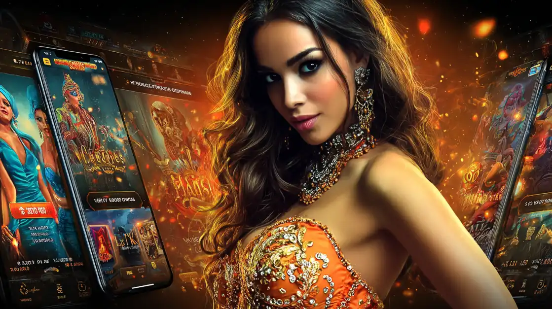 Stunning woman in an ornate orange gown with heavy jewelry, posing next to large smartphone screens displaying vibrant online slot games.