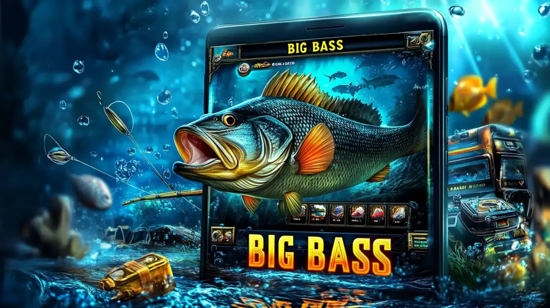 Large detailed bass fish emerging from a smartphone screen underwater, with fishing gear and treasure around, and bold BIG BASS title.