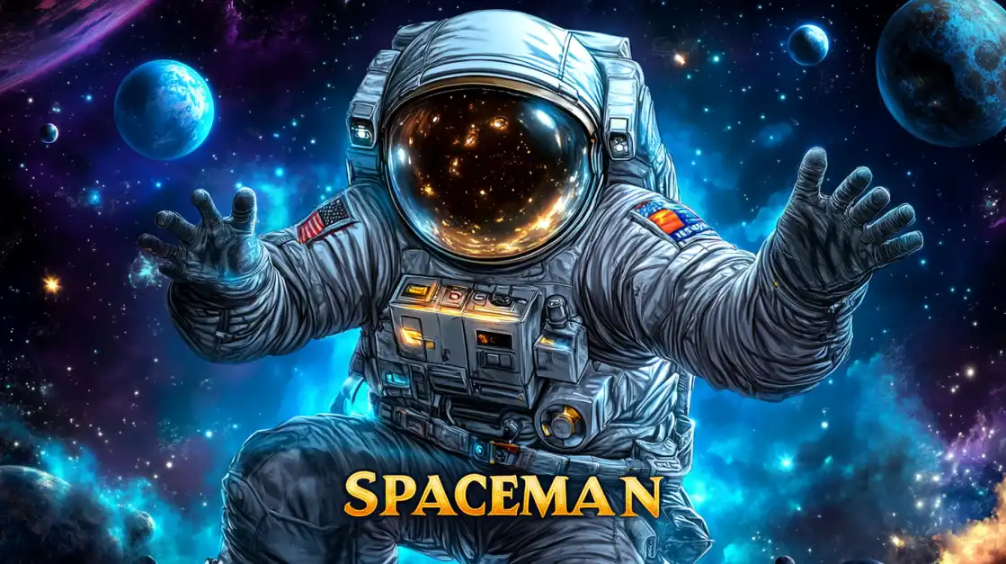 Astronaut in a detailed space suit reaching forward in zero gravity, with planets and stars in the background and bold SPACEMAN text below.