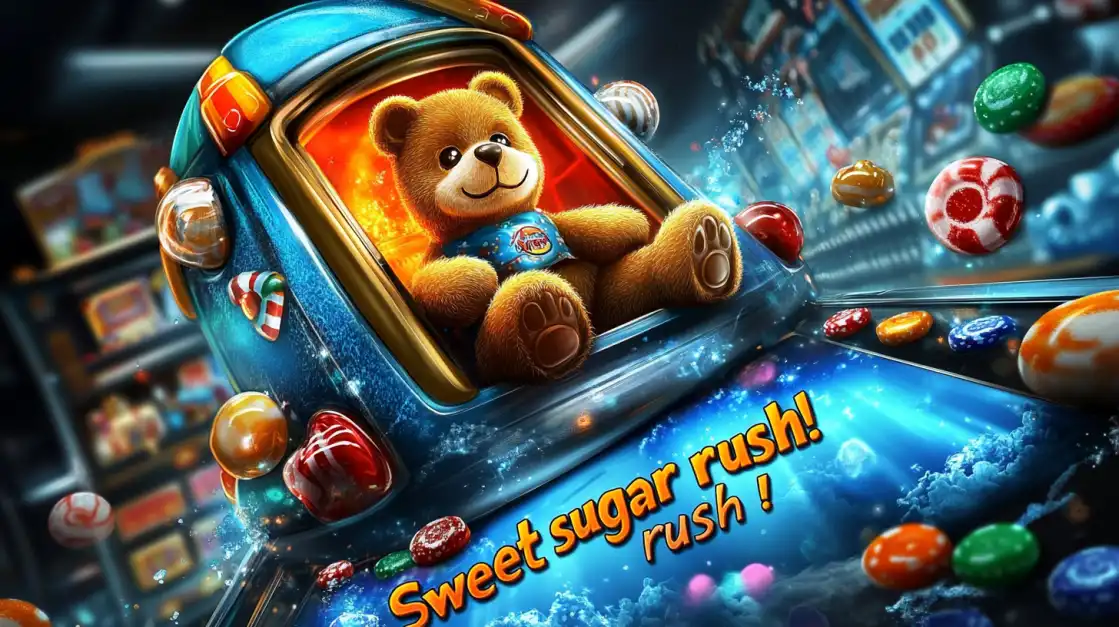 Cute teddy bear sitting inside a candy-themed ride surrounded by colorful sweets, with bright Sweet sugar rush! text in a glowing arcade setting.