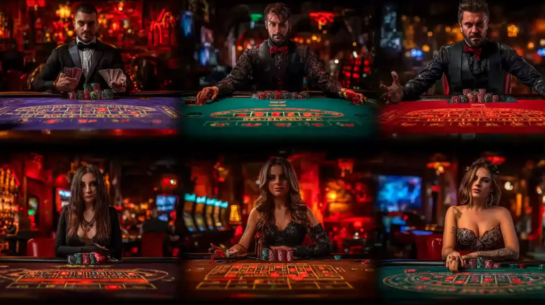 Montage of male and female casino dealers in elegant outfits, each sitting behind roulette and card tables in a glamorous red-lit casino interior.