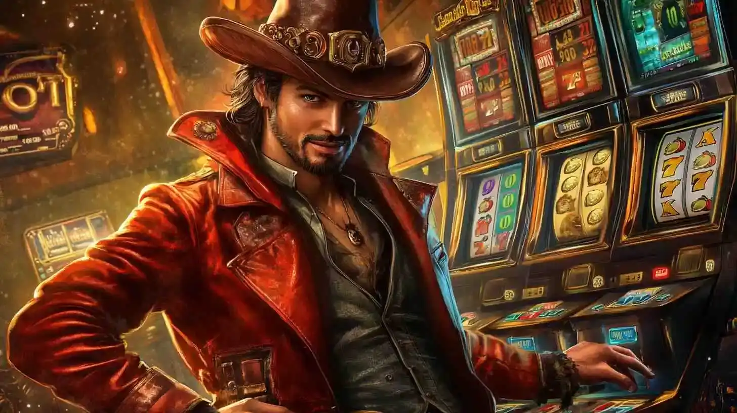 Handsome man in a cowboy hat and red leather coat leaning casually on a slot machine, smirking in a warmly lit casino environment.