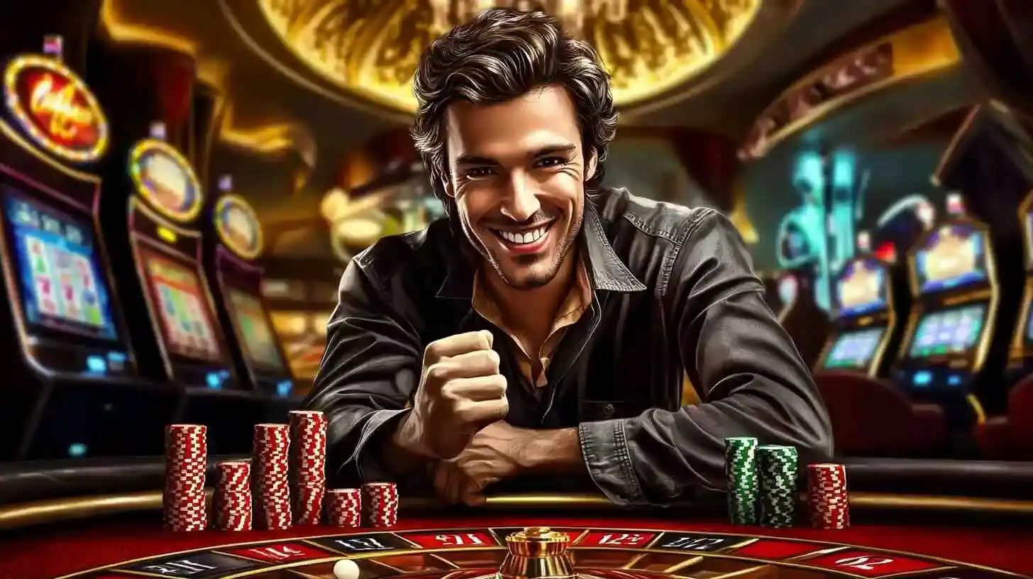 Smiling man at a roulette table celebrating a win, surrounded by neatly stacked red and green casino chips in a vibrant casino background.