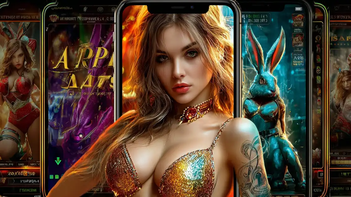 Glamorous blonde woman in a sparkling gold and red dress standing between large smartphone screens displaying colorful fantasy-themed slot games.