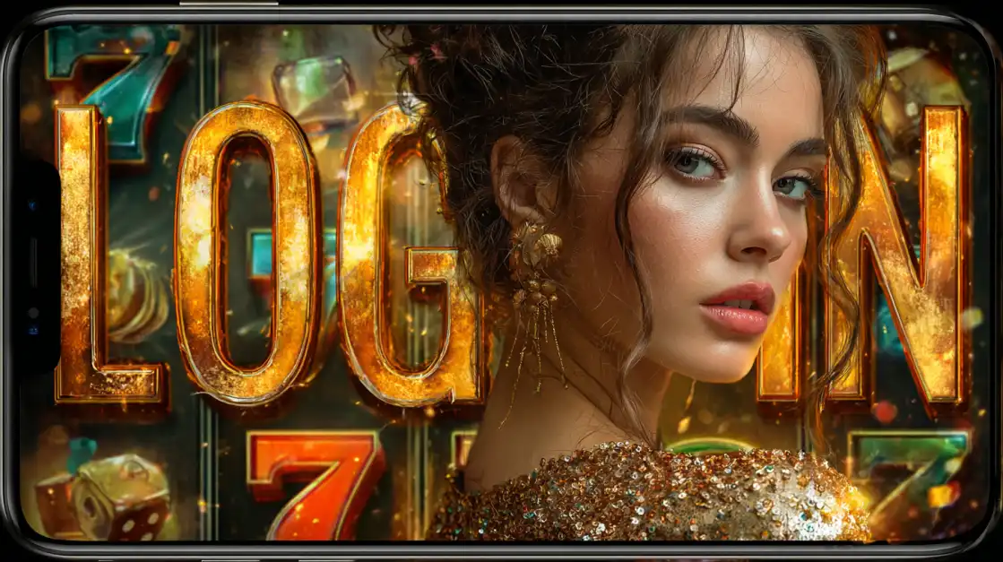 Elegant brunette woman in a shimmering gold dress positioned inside a smartphone screen, with a large golden LOGIN casino background.