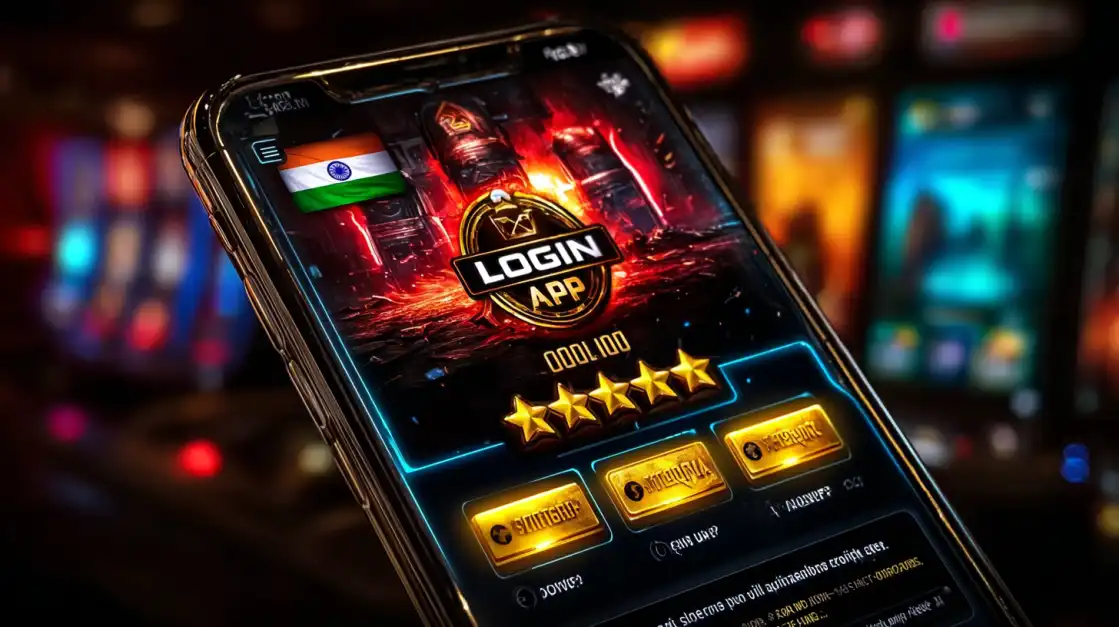 Close-up of a smartphone showing a slot game login screen with the Indian flag and a five-star rating, set against a blurred casino background.