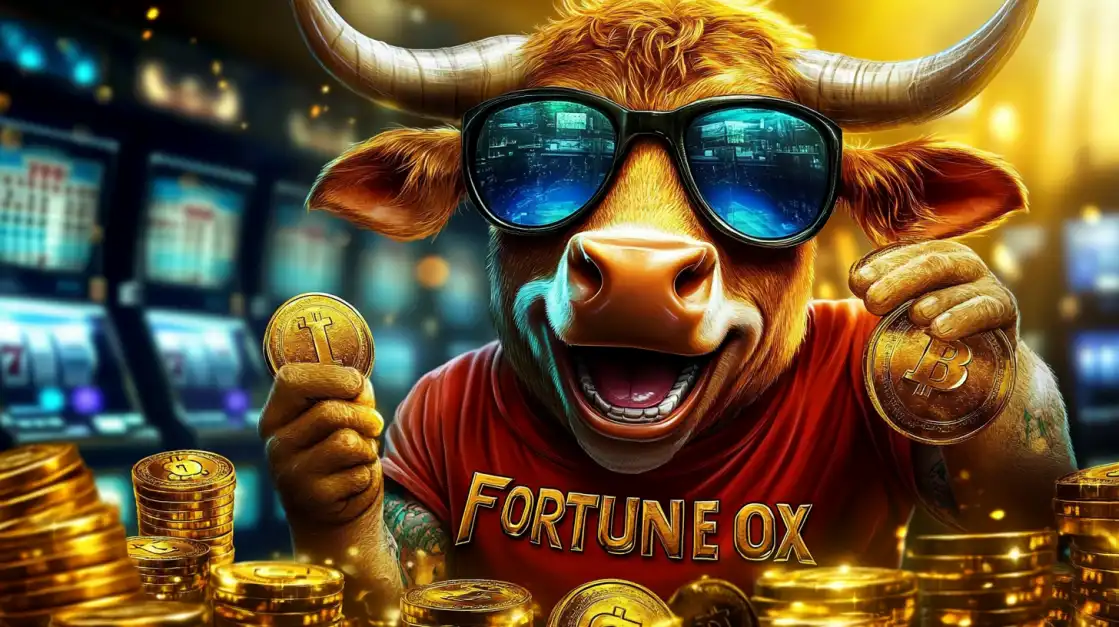Cartoon ox wearing sunglasses and a red Fortune Ox shirt, smiling and holding Bitcoin coins, surrounded by stacks of gold in a casino setting.