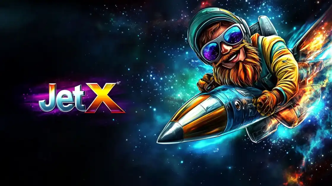 Bearded man in a pilot outfit riding a rocket through outer space with neon trails, next to colorful JetX text on a cosmic background.