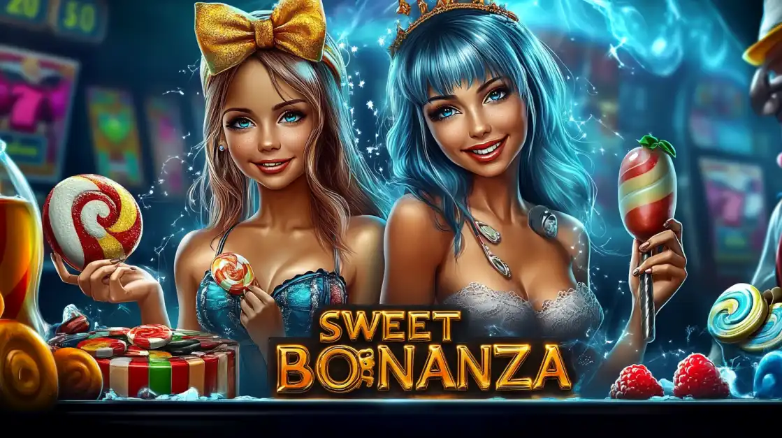 Two attractive women holding large colorful lollipops, dressed in glamorous outfits, with candy and slot machines in the background, titled SWEET BONANZA.